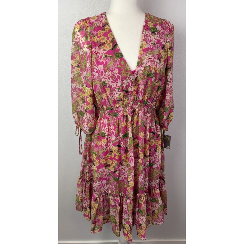 Taylor Pink Floral 3/4 Sleeve V-Neck Button Ruffle Trim Smocked Mini Dress Sz 10